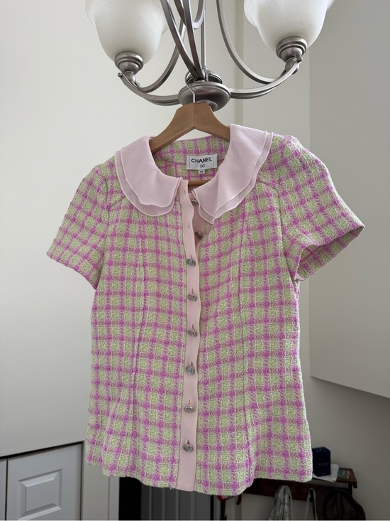 CHANEL Tops - CHANEL Pink & Light Green Tweed Short-Sleeve Blouse
